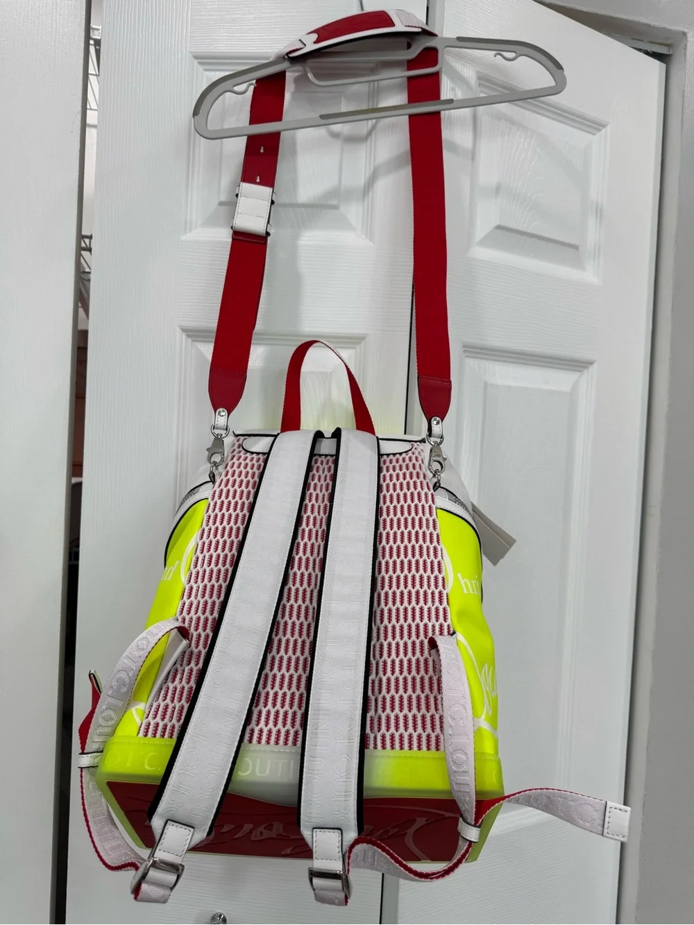 Christian Louboutin White and Neon Yellow Drawstring Backpack